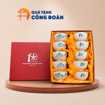 Bộ 10 bát cơm in logo Công đoàn men kem hoạ tiết hoa sen xanh BC-01