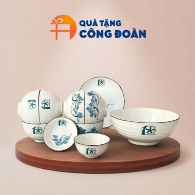 Bộ bát đĩa 10 món in logo Công đoàn men kem hoạ tiết sen xanh BĐ-03