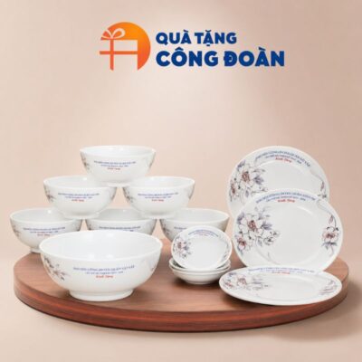 Bộ bát đĩa 12 món in logo Đại hội Công đoàn men trắng hoạ tiết hoa mai BĐ-01