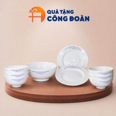 Bộ bát đĩa 9 món in logo Đại hội Công đoàn sứ trắng trơn BĐ-02