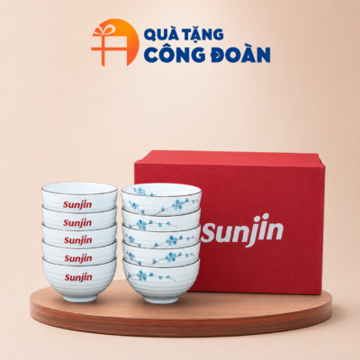 Bộ 10 bát cơm in logo Công đoàn men kem hoạ tiết cành đào xanh BC-03