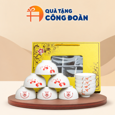 Bộ 10 bát cơm in logo Công đoàn men kem họa tiết hoa đào đỏ BC-05