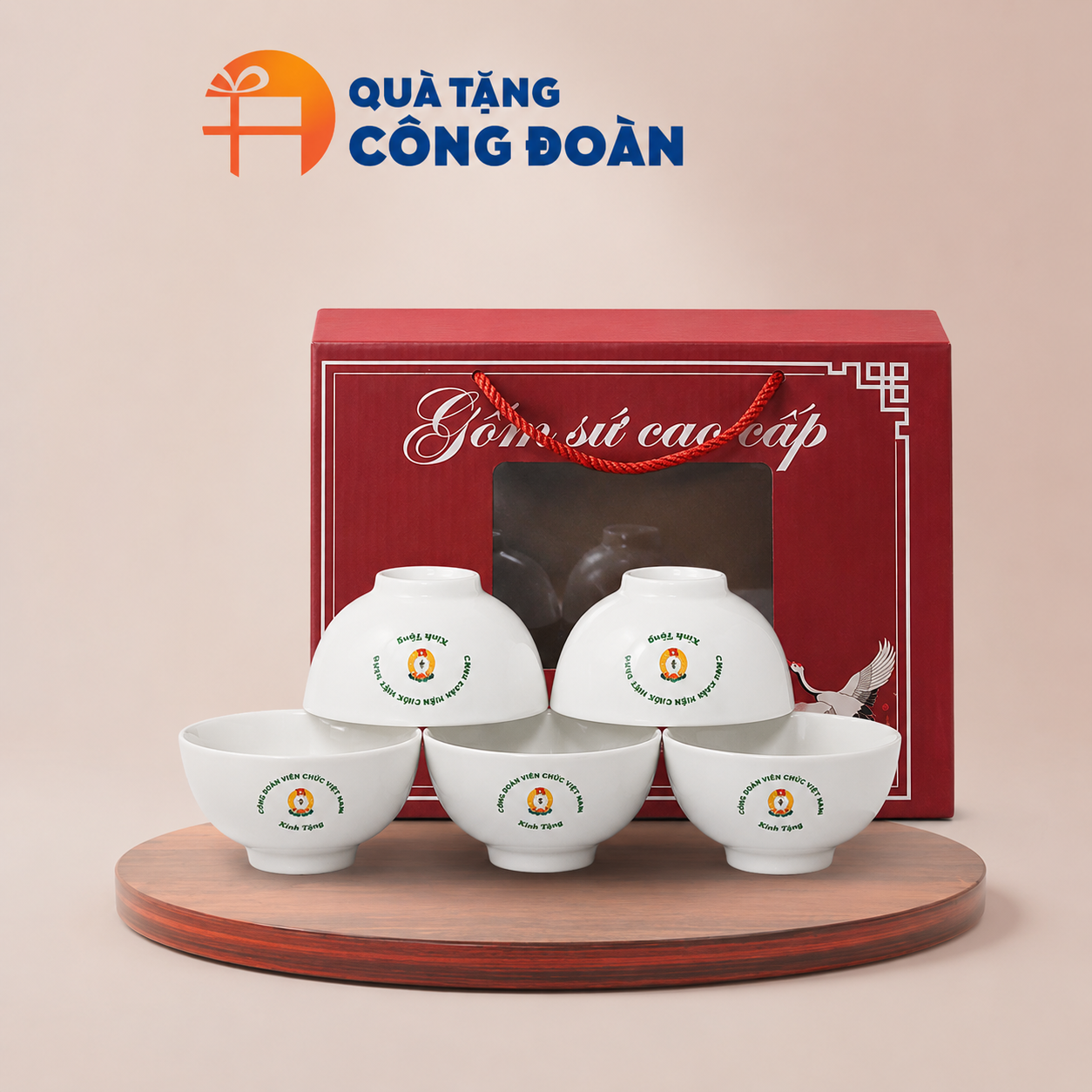 Bộ 6 bát cơm sứ trắng in logo Công đoàn BC-04