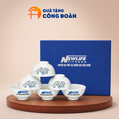 Bộ 6 bát cơm Bát Tràng in logo Công đoàn hoạ tiết hoa sen xanh BC-02