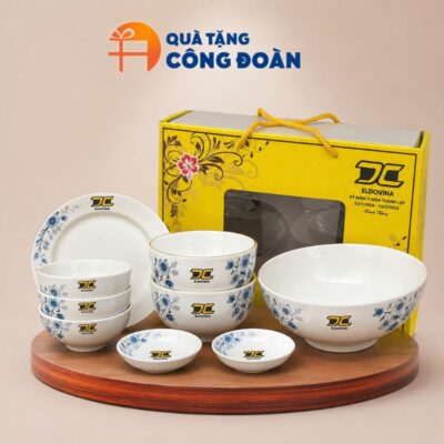 Bộ bát đĩa 9 món in logo Công đoàn men trắng BĐ-04