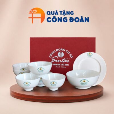 Bộ bát đĩa 8 món in logo Công đoàn men trắng BĐ-05