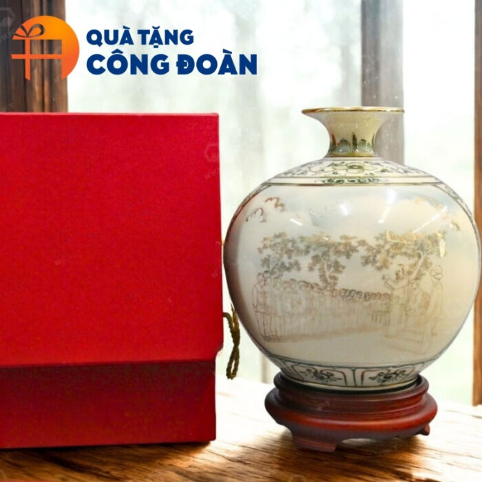 Bình hút lộc họa tiết sen xanh in logo quà tặng công đoàn BHL-04 - Hình ảnh 4