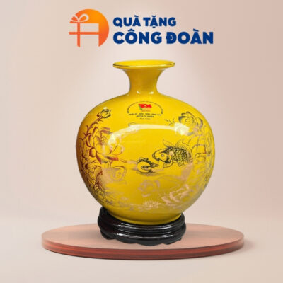 Bình hút lộc men vàng họa tiết hoa sen cá chép in logo công đoàn BHL-07