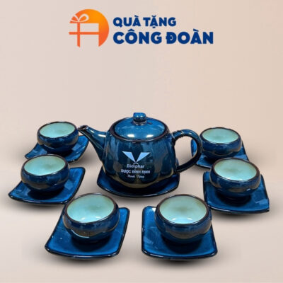 Bộ ấm chén in logo quà tặng công đoàn men hỏa biến xanh AC-09