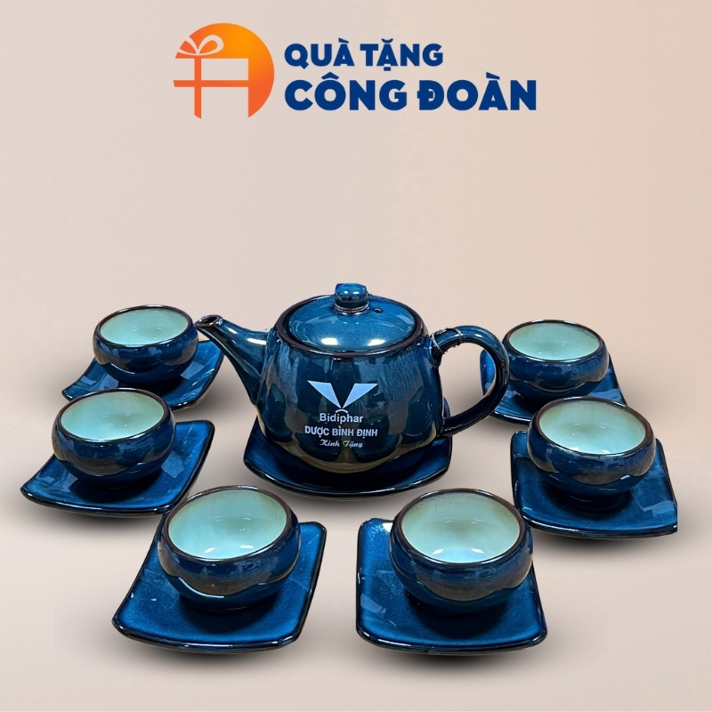 Bộ ấm chén in logo quà tặng công đoàn men hỏa biến xanh AC-09