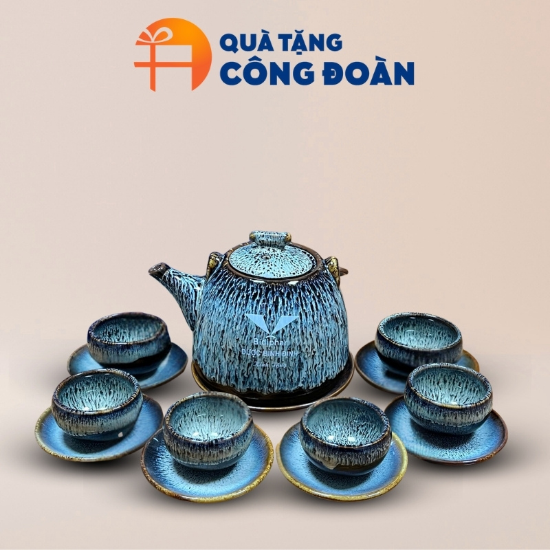 Bộ ấm chén men hỏa biến xanh in logo quà tặng công đoàn AC-08