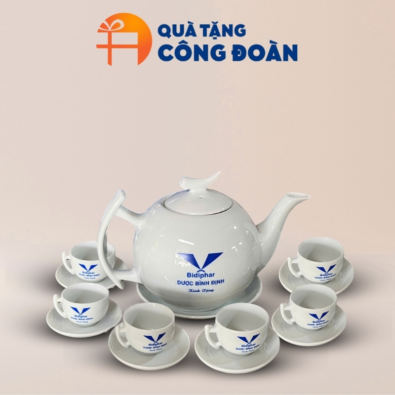 Bộ ấm chén sứ trắng dáng bưởi cành in logo quà tặng công đoàn AC-06