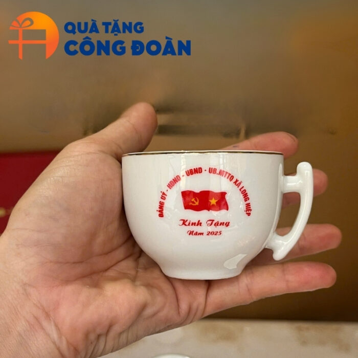 Bộ ấm chén sứ trắng dáng bưởi cành in logo quà tặng công đoàn AC-12 - Hình ảnh 3