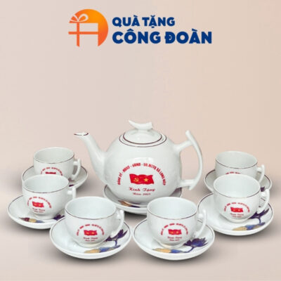 Bộ ấm chén sứ trắng dáng bưởi cành in logo quà tặng công đoàn AC-12