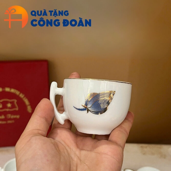 Bộ ấm chén sứ trắng dáng bưởi cành in logo quà tặng công đoàn AC-12 - Hình ảnh 7