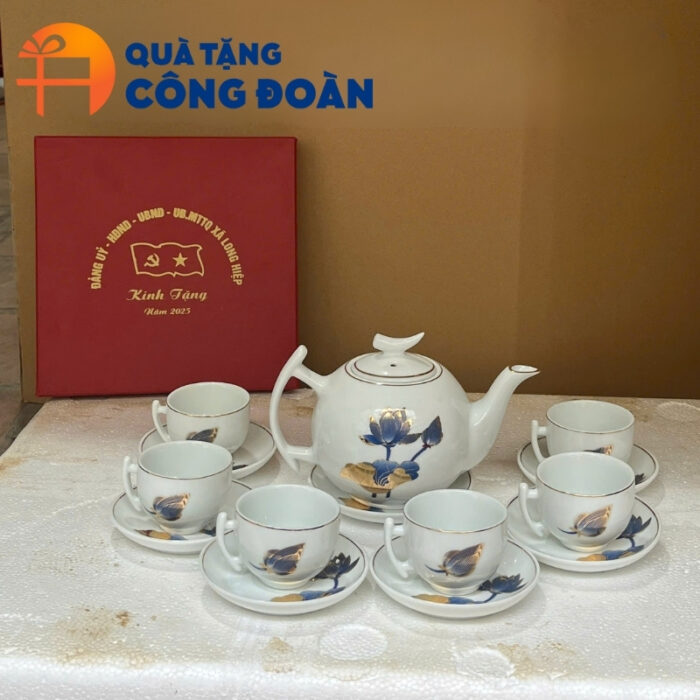 Bộ ấm chén sứ trắng dáng bưởi cành in logo quà tặng công đoàn AC-12 - Hình ảnh 5