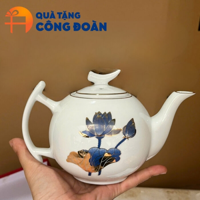 Bộ ấm chén sứ trắng dáng bưởi cành in logo quà tặng công đoàn AC-12 - Hình ảnh 6