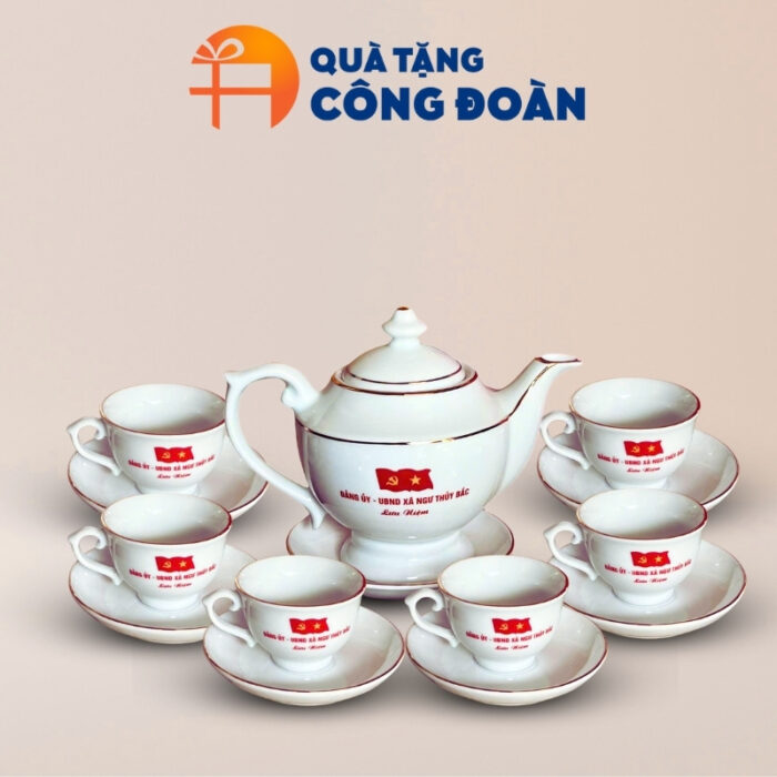 Bộ ấm chén trắng in logo quà tặng công đoàn dáng thần đèn AC-10