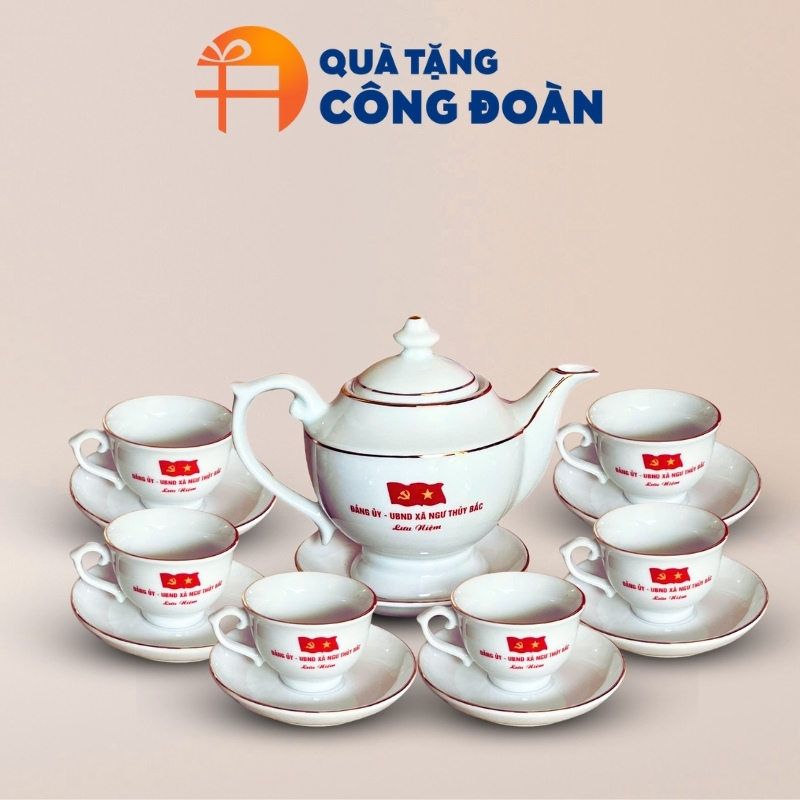 Bộ ấm chén trắng in logo quà tặng công đoàn dáng thần đèn AC-10