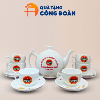 Bộ ấm trà trắng in logo quà tặng công đoàn dáng bưởi cành AC-11