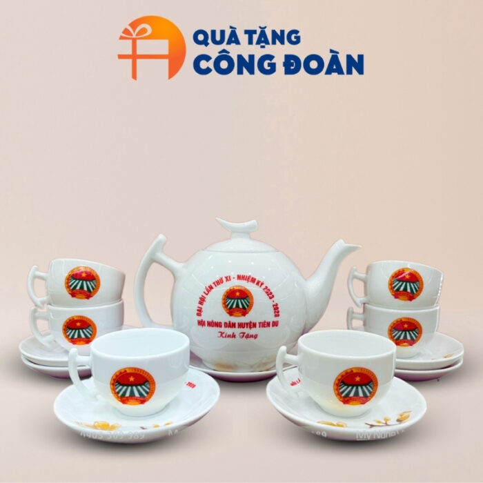 Bộ ấm trà trắng in logo quà tặng công đoàn dáng bưởi cành AC-11