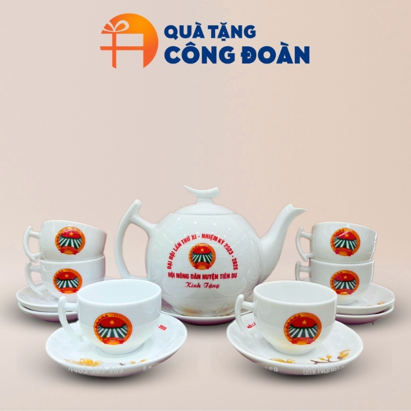 Bộ ấm trà trắng in logo quà tặng công đoàn dáng bưởi cành AC-11
