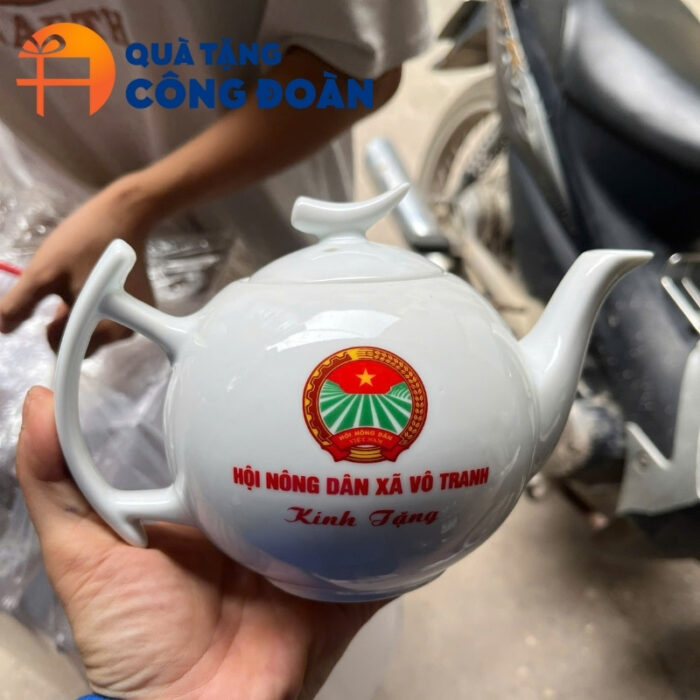 Bộ ấm trà trắng in logo quà tặng công đoàn dáng bưởi cành AC-11 - Hình ảnh 2