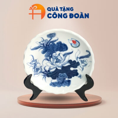 Đĩa biểu trưng in logo quà tặng công đoàn họa tiết sen xanh ĐBT-02