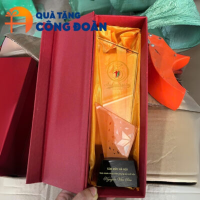 Kỷ niệm chương in logo được đặt trong hộp quà lót lụa cao cấp