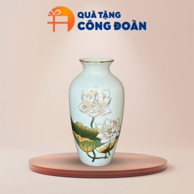 Lọ hoa men trắng cổ rụt vẽ vàng hoa sen in logo đại hội LH-10