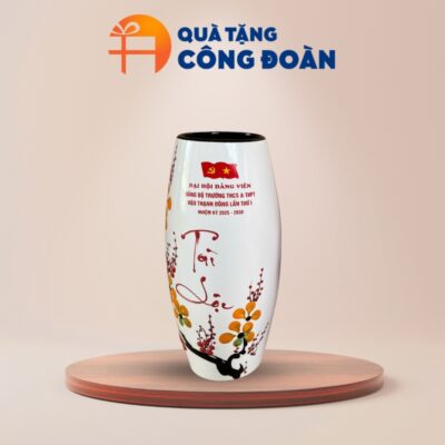 Lọ hoa men trắng vẽ tài lộc in logo đại hội LH-09