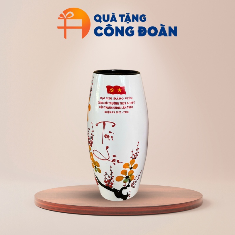 Lọ hoa men trắng vẽ tài lộc in logo đại hội LH-09