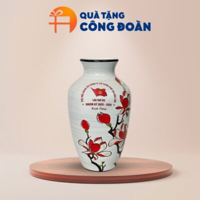Lọ hoa men xước họa tiết hoa màu đỏ in logo đại hội LH-07