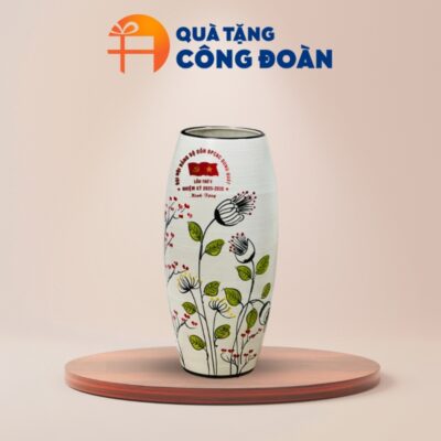 Lọ hoa men xước họa tiết hoa vẽ tay in logo đại hội LH-08