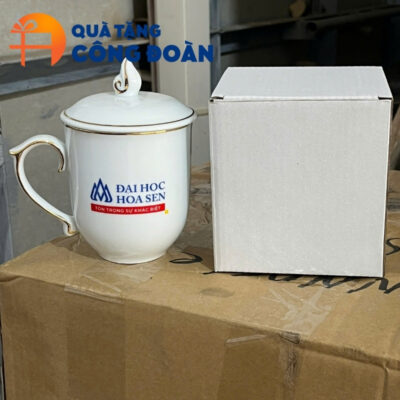 Cốc sứ in logo đi kèm hộp giấy carton hoặc hộp xi lót lụa tùy chọn