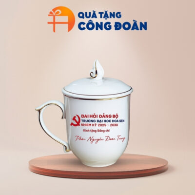 Ly sứ in logo dung tích 350ml quà tặng công đoàn nắp ngọn lửa CS-08