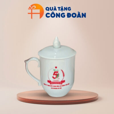 Ly sứ trắng in logo quà tặng công đoàn nắp ngọn lửa CS-06