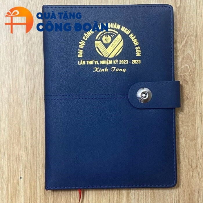 Sổ da màu xanh dương dán gáy khuy bấm in logo đại hội công đoàn SD-03 - Hình ảnh 2