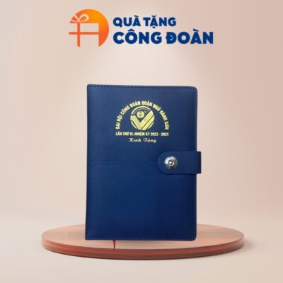 Sổ da màu xanh dương dán gáy khuy bấm in logo đại hội công đoàn SD-03