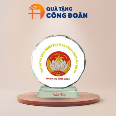 Biểu trưng pha lê mặt trời phi 15cm quà tặng Đại hội in logo BTPL-01