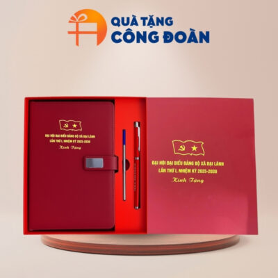 Bộ giftset sổ dán gáy và bút kim loại quà tặng Đại hội Đại biểu in logo GS-07