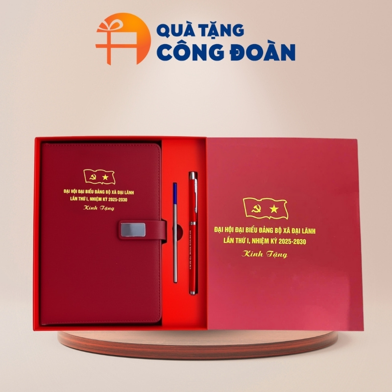 Bộ giftset sổ dán gáy và bút kim loại quà tặng Đại hội Đại biểu in logo GS-07
