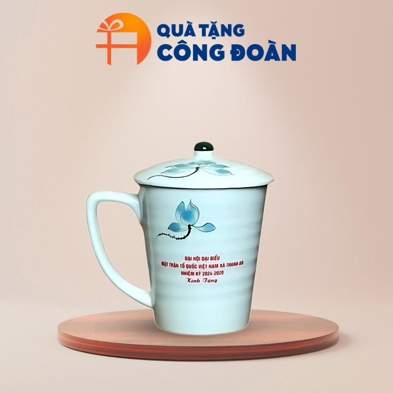Cốc sứ quà tặng đại hội in logo dung tích 350ml vẽ sen xanh CS-09