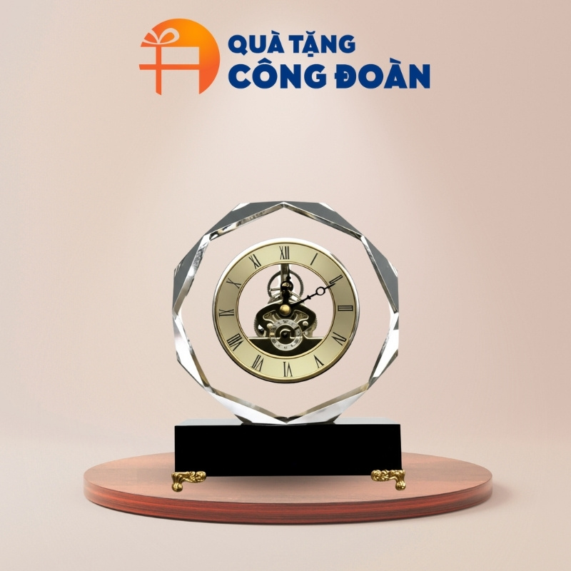 Đồng hồ để bàn pha lê tròn in logo quà tặng Đại hội DH-04