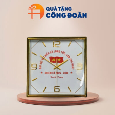 Đồng hồ treo tường in logo quà tặng Đại hội hình vuông viền xi vàng DH-09