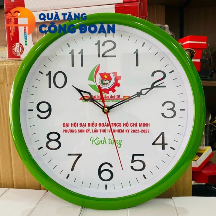 Đồng hồ treo tường quà tặng Đại hội Đại biểu in logo viền xanh lá DH-16 - Hình ảnh 4