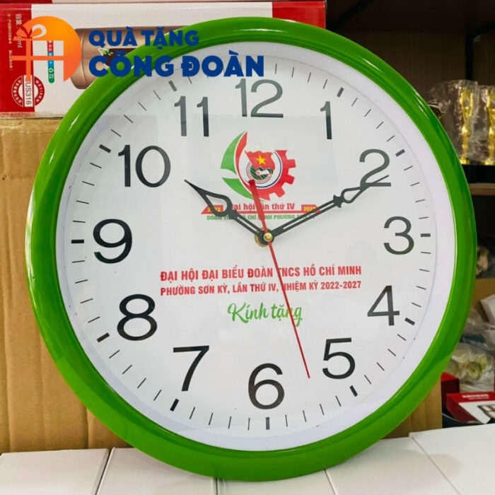 Đồng hồ treo tường quà tặng Đại hội Đại biểu in logo viền xanh lá DH-16 - Hình ảnh 2
