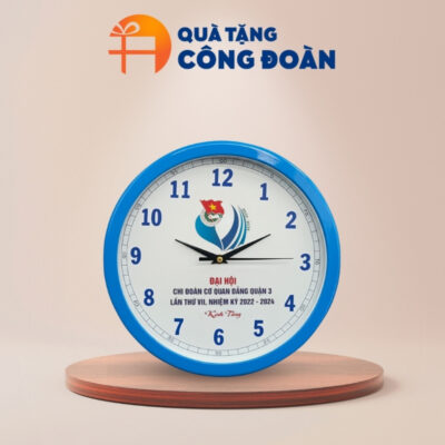 Đồng hồ treo tường quà tặng Đại hội in logo viền xanh dương tròn 35cm DH-19