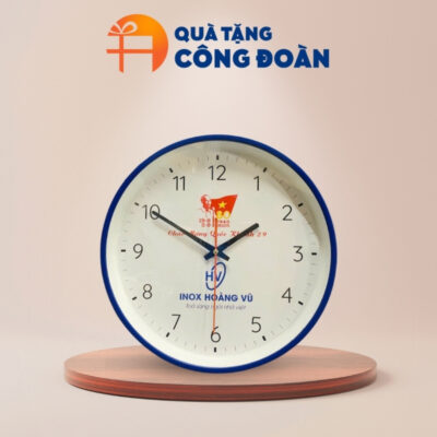 Đồng hồ treo tường viền xanh dương tròn 34cm quà tặng Đại hội in logo DH-20