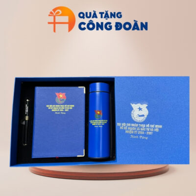 Quà tặng Đại hội bộ giftset 3 món sổ da, bút ký và bình giữ nhiệt in logo GS-08
